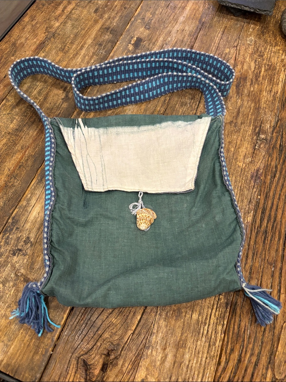 Handwoven Green Crossbody Bag with Blue Woven Strap